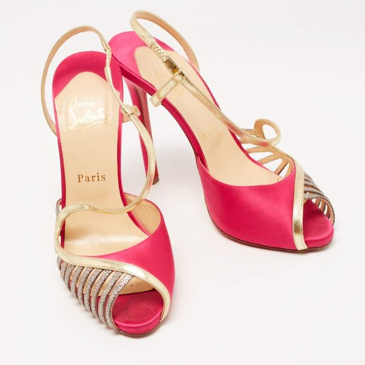 Pre Owned Christian Louboutin Pink/Gold Satin, Leather and Glitter Strappy Sandals Size 39