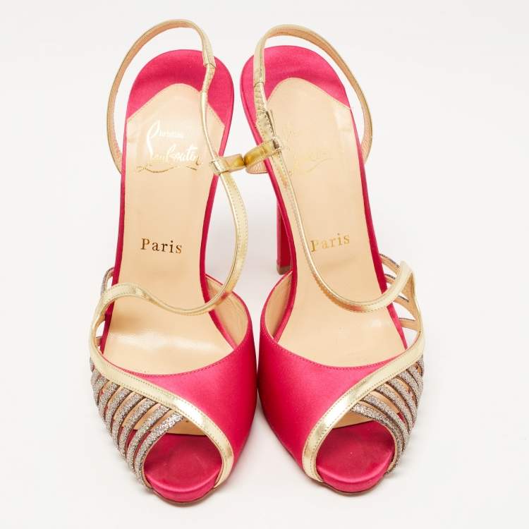Pre Owned Christian Louboutin Pink/Gold Satin, Leather and Glitter Strappy Sandals Size 39