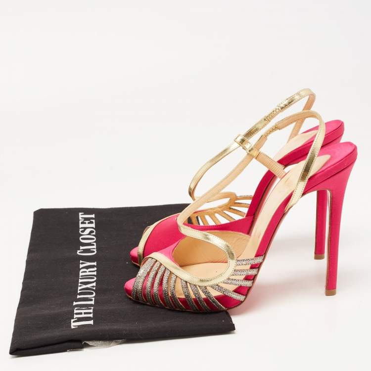 Pre Owned Christian Louboutin Pink/Gold Satin, Leather and Glitter Strappy Sandals Size 39