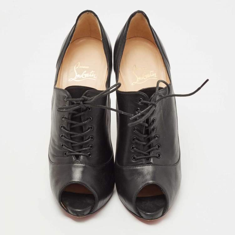 Pre Owned Christian Louboutin Black Leather Peep Toe Lace Up Booties Size 38.5
