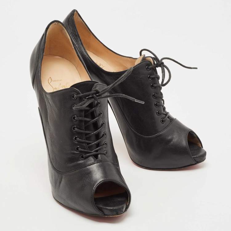 Pre Owned Christian Louboutin Black Leather Peep Toe Lace Up Booties Size 38.5