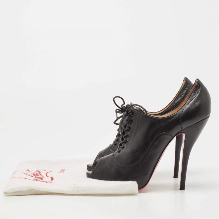 Pre Owned Christian Louboutin Black Leather Peep Toe Lace Up Booties Size 38.5