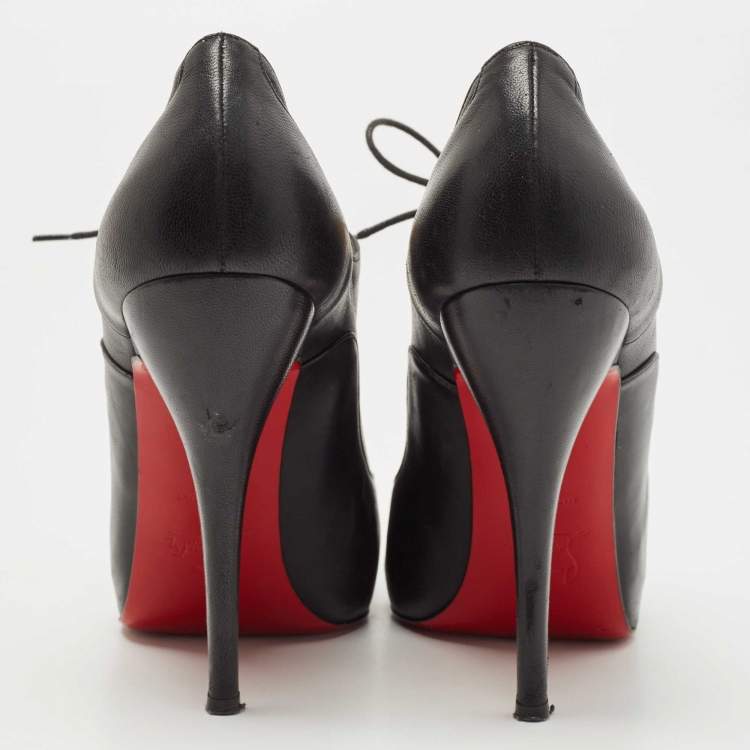 Pre Owned Christian Louboutin Black Leather Peep Toe Lace Up Booties Size 38.5