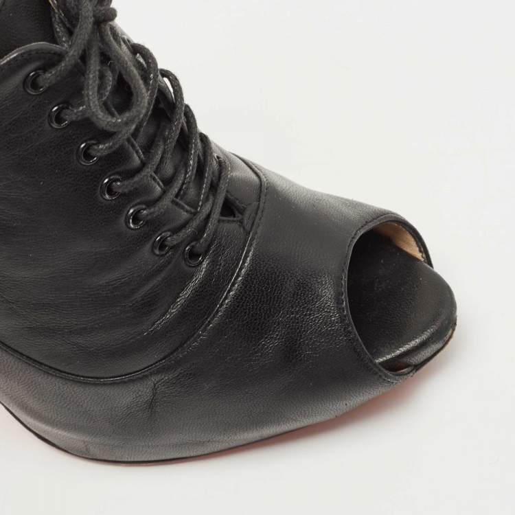 Pre Owned Christian Louboutin Black Leather Peep Toe Lace Up Booties Size 38.5