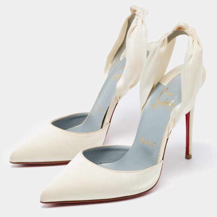 Pre Owned Christian Louboutin White Satin Slingback Pumps Size 36.5