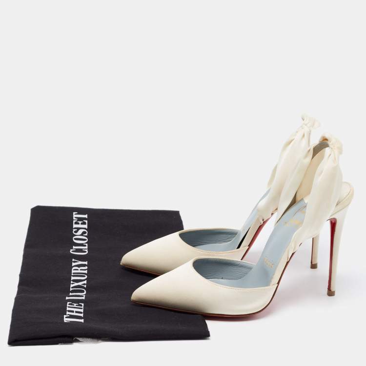 Pre Owned Christian Louboutin White Satin Slingback Pumps Size 36.5