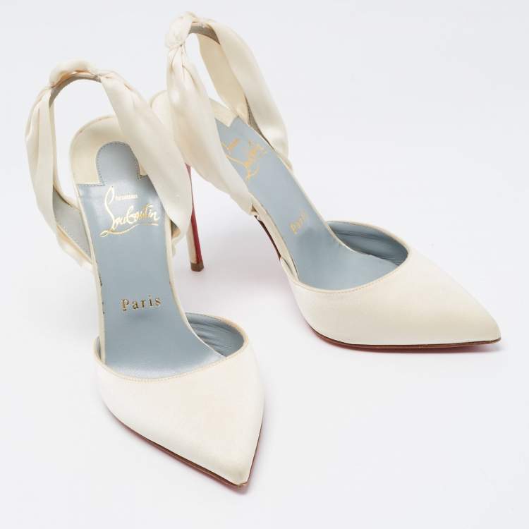 Pre Owned Christian Louboutin White Satin Slingback Pumps Size 36.5