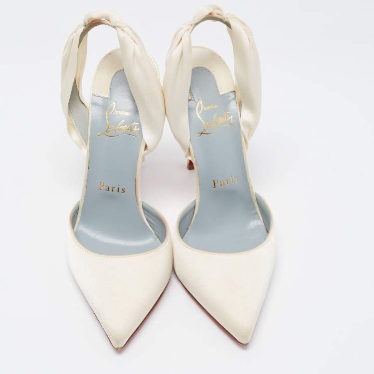 Pre Owned Christian Louboutin White Satin Slingback Pumps Size 36.5