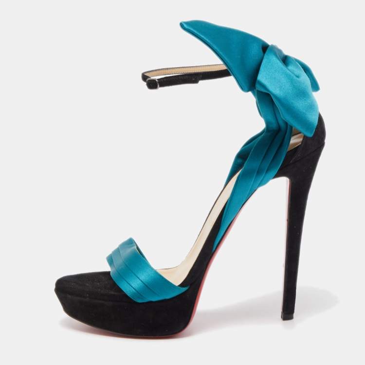 Christian Louboutin Teal Black Satin and Suede Vampanodo Sandals