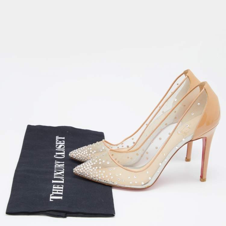 Pre Owned Christian Louboutin Beige Mesh and Patent Leather Follies Strass Pumps Size 39