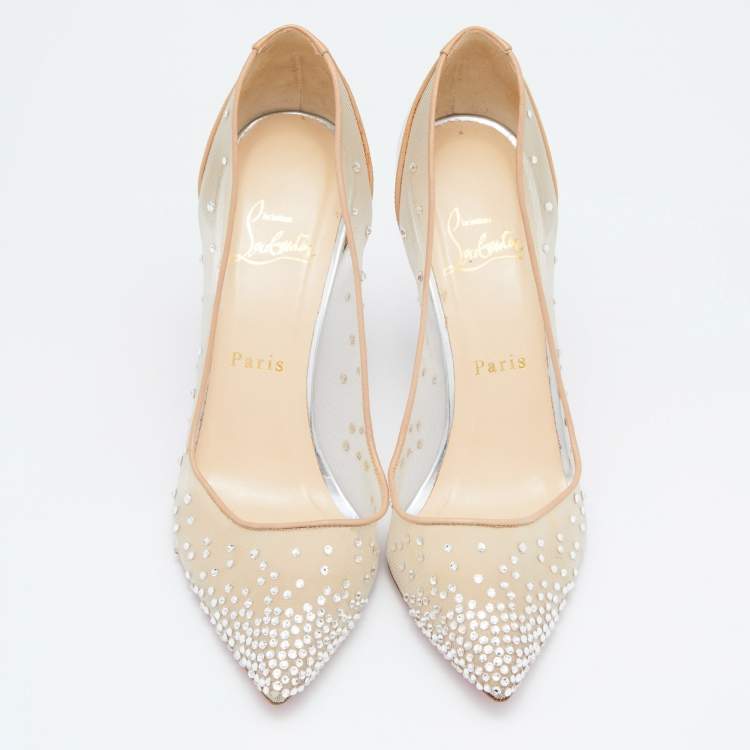 Pre Owned Christian Louboutin Beige Mesh and Patent Leather Follies Strass Pumps Size 39