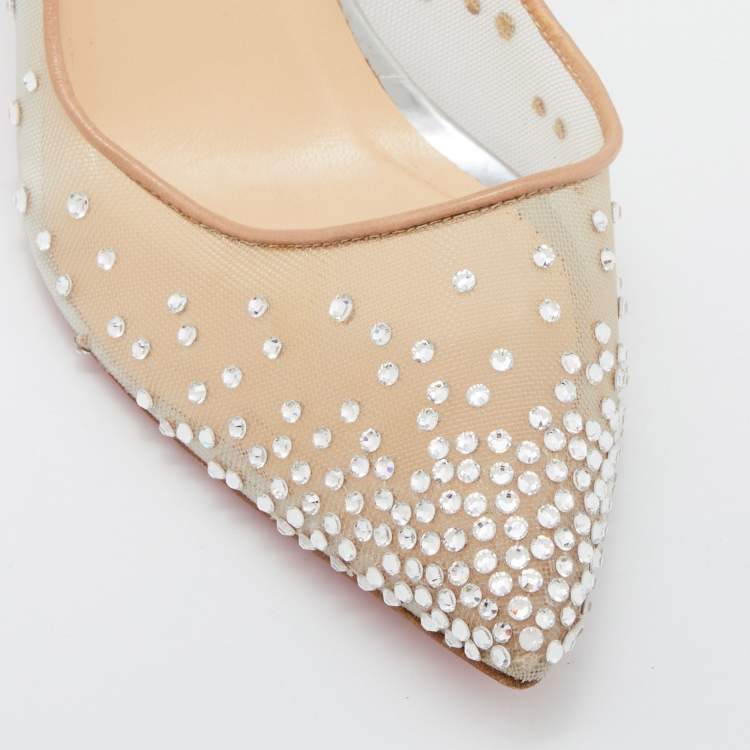 Pre Owned Christian Louboutin Beige Mesh and Patent Leather Follies Strass Pumps Size 39
