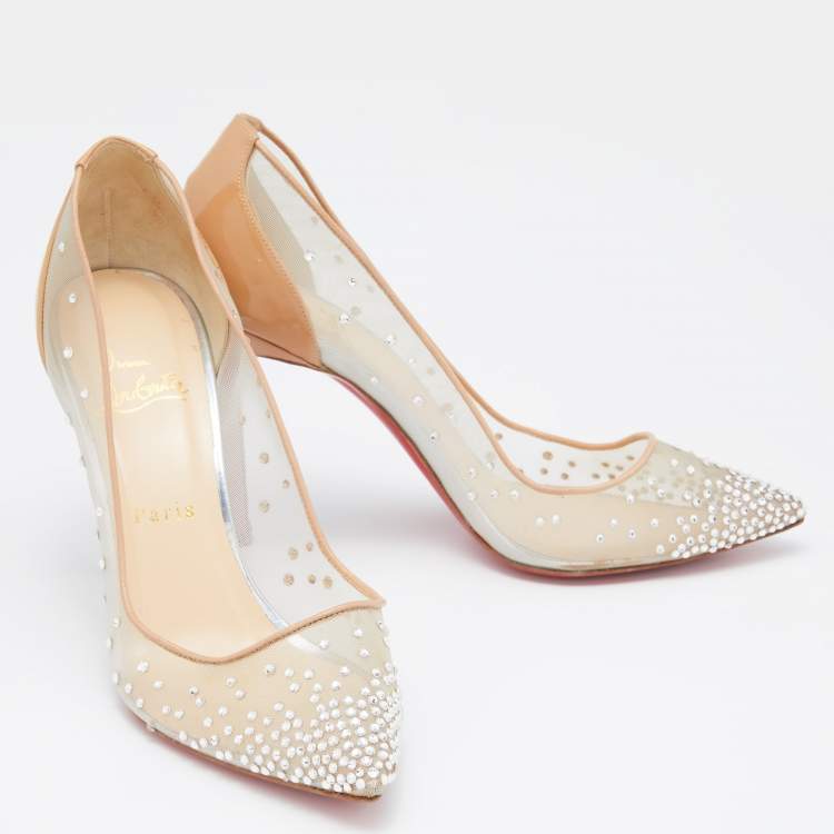 Pre Owned Christian Louboutin Beige Mesh and Patent Leather Follies Strass Pumps Size 39