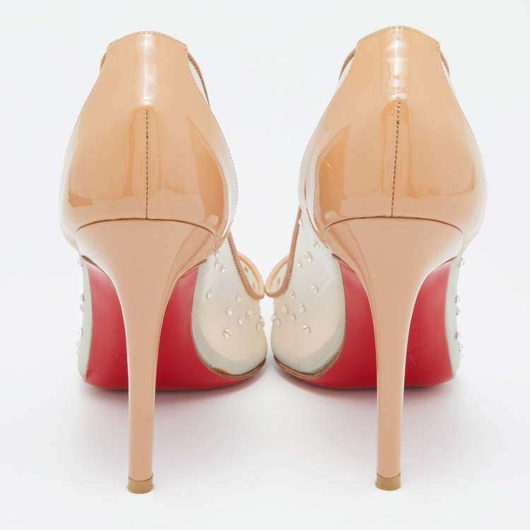 Pre Owned Christian Louboutin Beige Mesh and Patent Leather Follies Strass Pumps Size 39