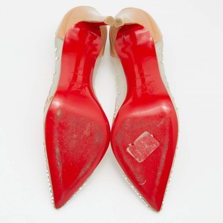 Pre Owned Christian Louboutin Beige Mesh and Patent Leather Follies Strass Pumps Size 39