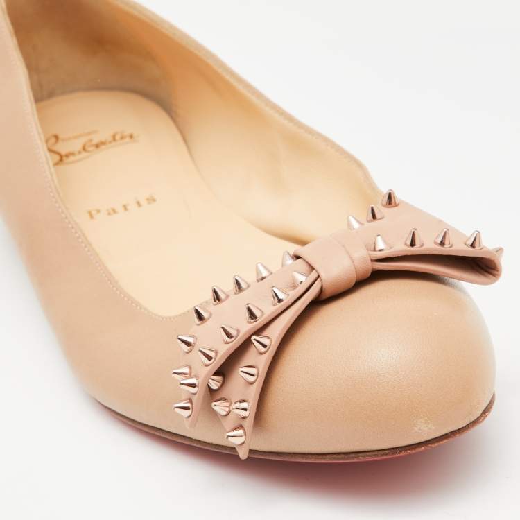 Pre Owned Christian Louboutin Beige Leather Spiked Bow Ballet Flats Size 40