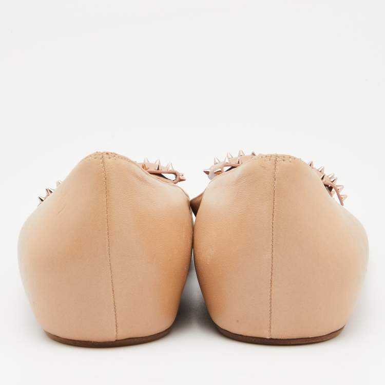 Pre Owned Christian Louboutin Beige Leather Spiked Bow Ballet Flats Size 40