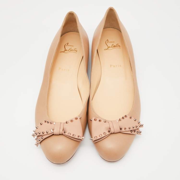 Pre Owned Christian Louboutin Beige Leather Spiked Bow Ballet Flats Size 40