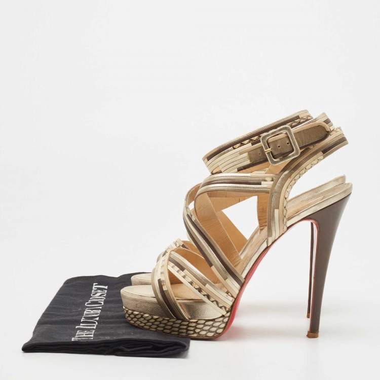 Pre Owned Christian Louboutin Brown/Beige Leather Strappy Platform Sandals Size 38.5