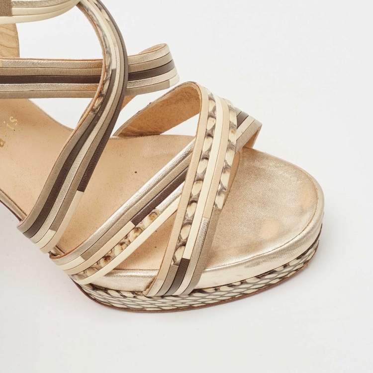Pre Owned Christian Louboutin Brown/Beige Leather Strappy Platform Sandals Size 38.5