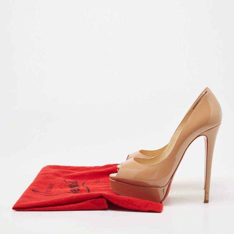 Pre Owned Christian Louboutin Beige Patent Leather Lady Peep Pumps Size 36