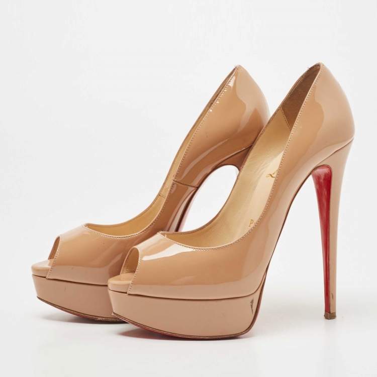 Pre Owned Christian Louboutin Beige Patent Leather Lady Peep Pumps Size 36