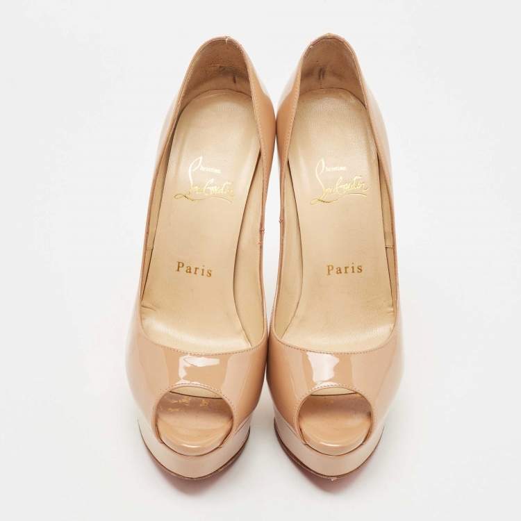 Pre Owned Christian Louboutin Beige Patent Leather Lady Peep Pumps Size 36