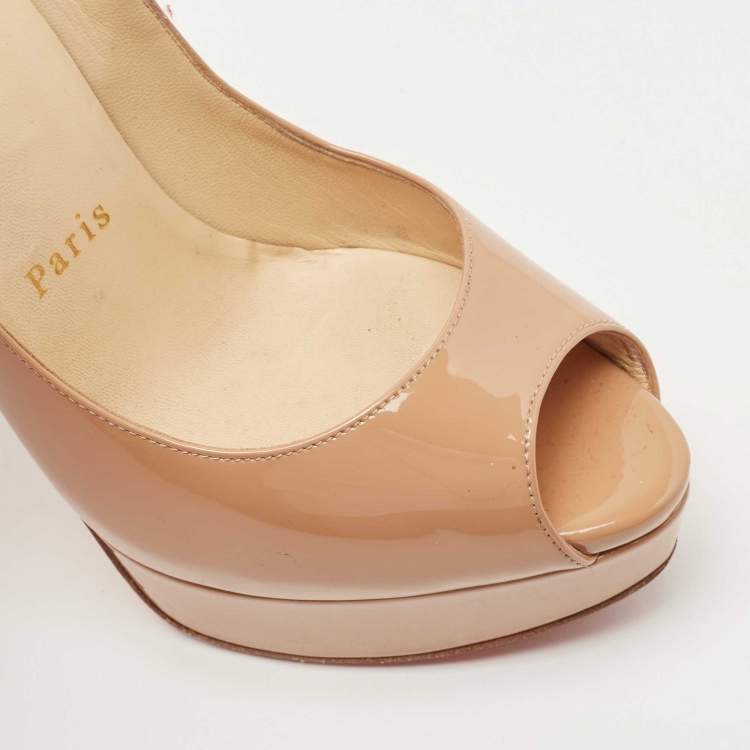 Pre Owned Christian Louboutin Beige Patent Leather Lady Peep Pumps Size 36