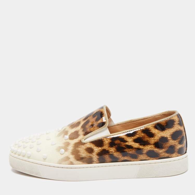 Pre Owned Christian Louboutin Tricolor Leopard Print Patent Leather Spike Slip-On Sneakers Size 37.5