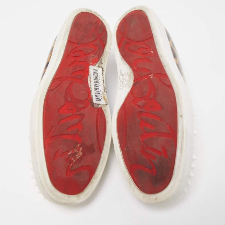 Pre Owned Christian Louboutin Tricolor Leopard Print Patent Leather Spike Slip-On Sneakers Size 37.5