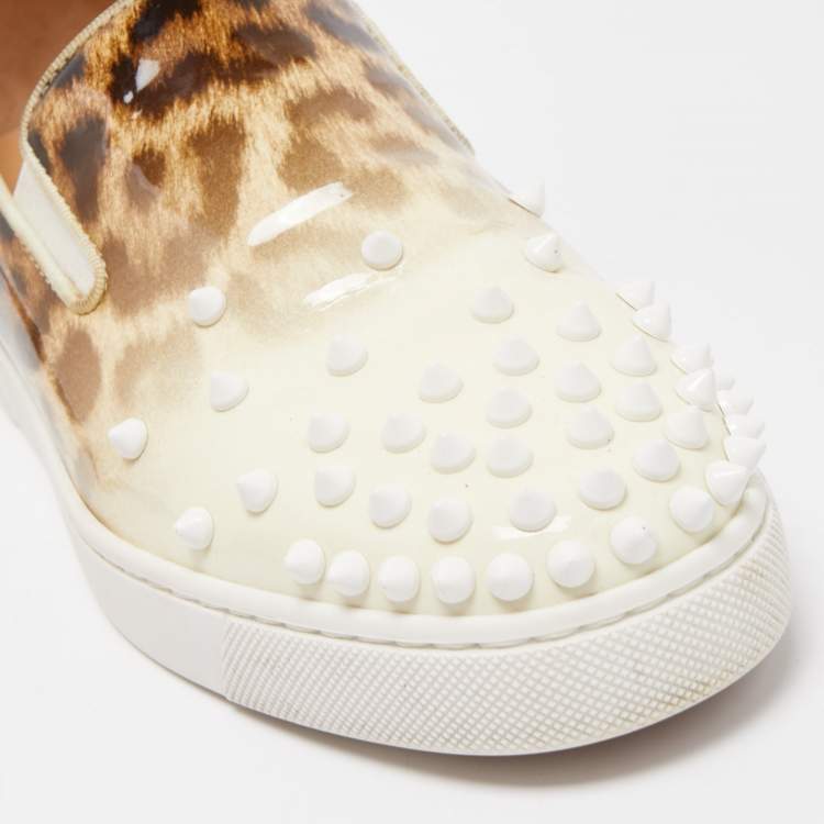 Pre Owned Christian Louboutin Tricolor Leopard Print Patent Leather Spike Slip-On Sneakers Size 37.5