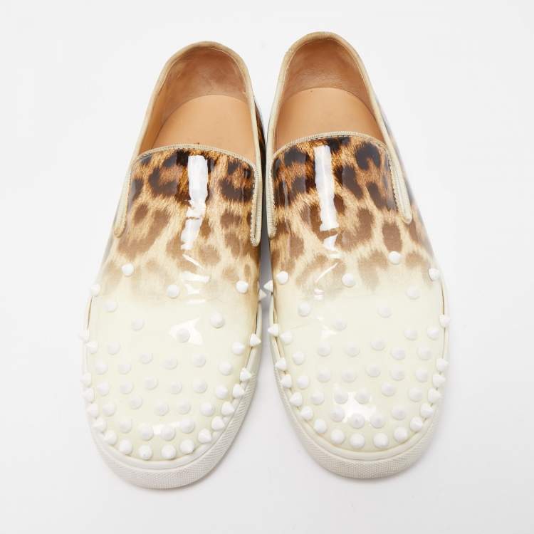 Pre Owned Christian Louboutin Tricolor Leopard Print Patent Leather Spike Slip-On Sneakers Size 37.5