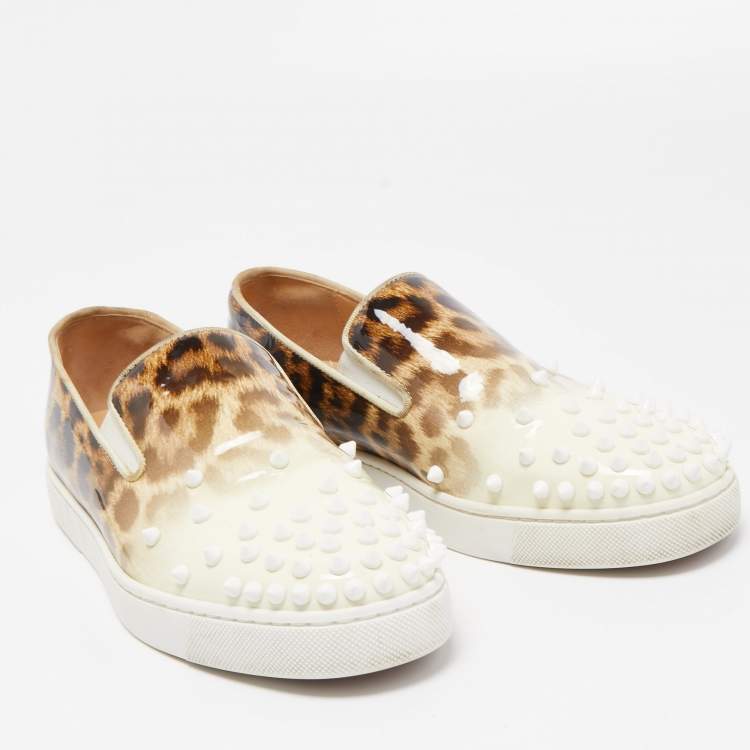 Pre Owned Christian Louboutin Tricolor Leopard Print Patent Leather Spike Slip-On Sneakers Size 37.5