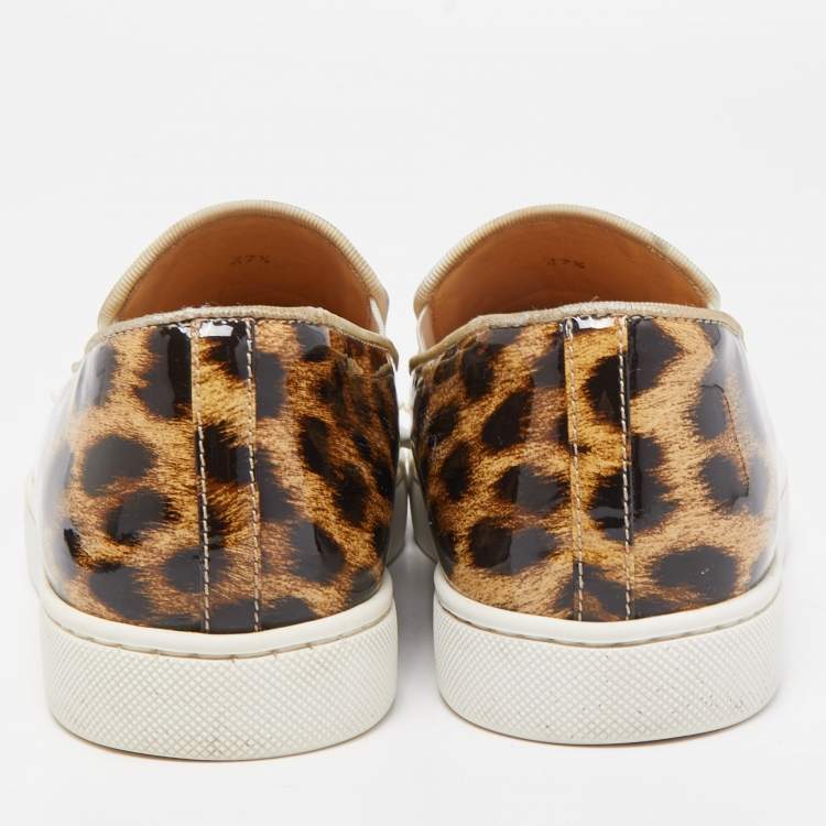 Pre Owned Christian Louboutin Tricolor Leopard Print Patent Leather Spike Slip-On Sneakers Size 37.5
