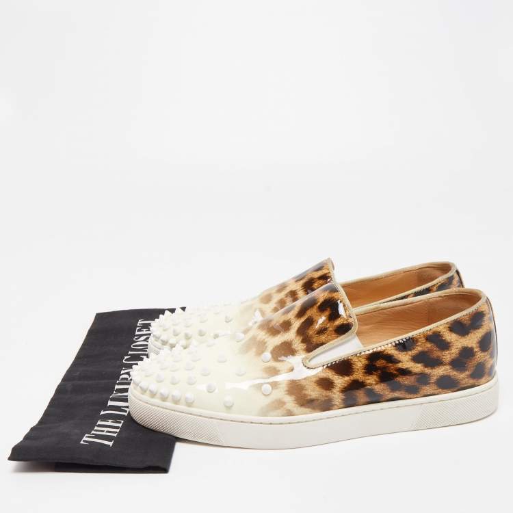 Pre Owned Christian Louboutin Tricolor Leopard Print Patent Leather Spike Slip-On Sneakers Size 37.5