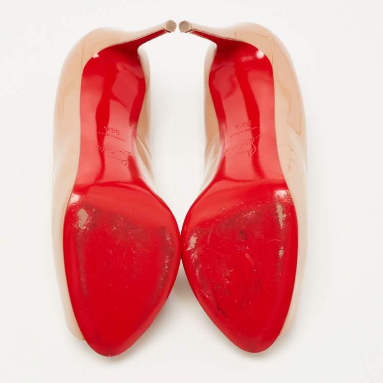 Pre Owned Christian Louboutin Beige Patent Leather Very Prive Platform Peep Toe Pumps Size 38.5