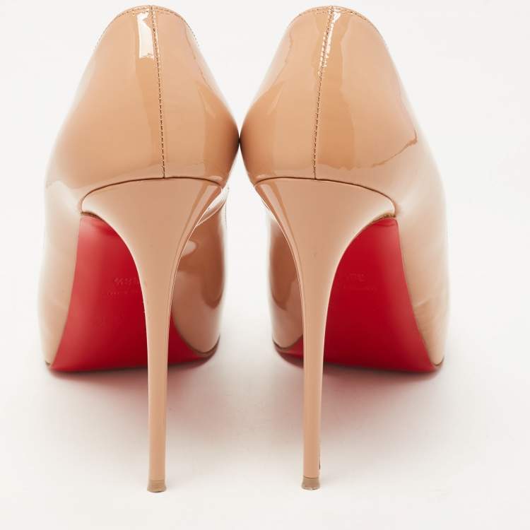 Pre Owned Christian Louboutin Beige Patent Leather Very Prive Platform Peep Toe Pumps Size 38.5