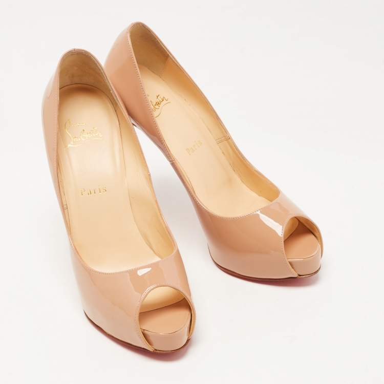 Pre Owned Christian Louboutin Beige Patent Leather Very Prive Platform Peep Toe Pumps Size 38.5