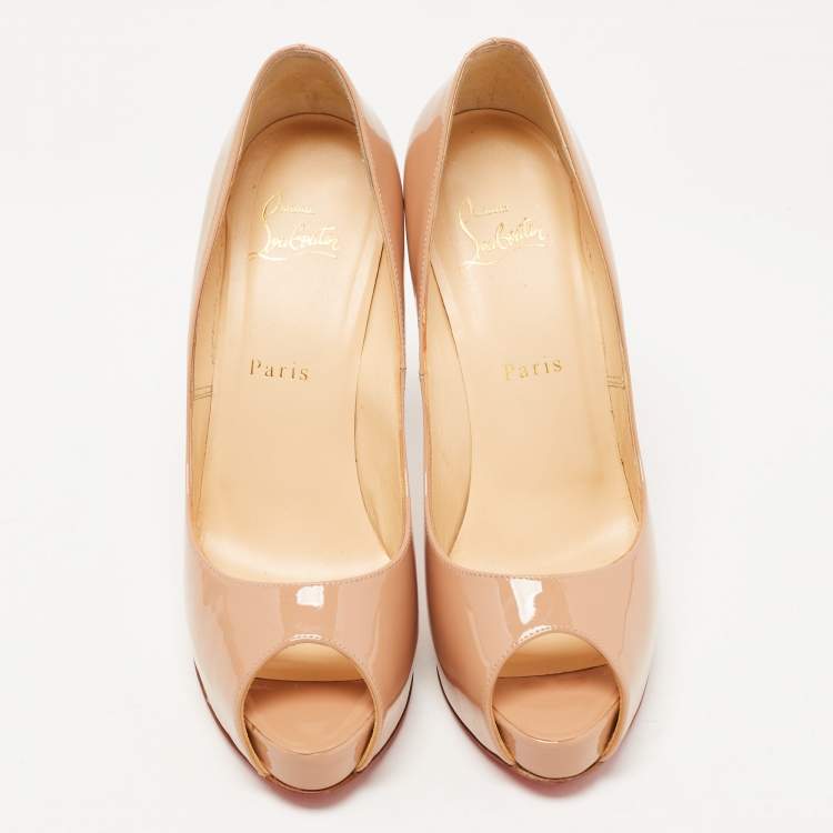Pre Owned Christian Louboutin Beige Patent Leather Very Prive Platform Peep Toe Pumps Size 38.5
