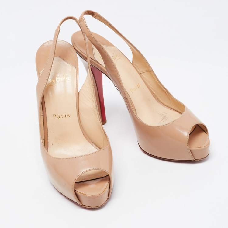Pre Owned Christian Louboutin Beige Patent Leather No Prive Slingback Pumps Size 37