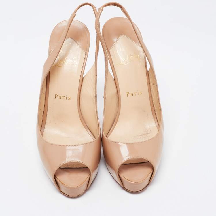 Pre Owned Christian Louboutin Beige Patent Leather No Prive Slingback Pumps Size 37