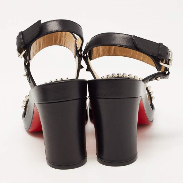 Pre Owned Christian Louboutin Black Leather Bikool Spike Sandals Size 38
