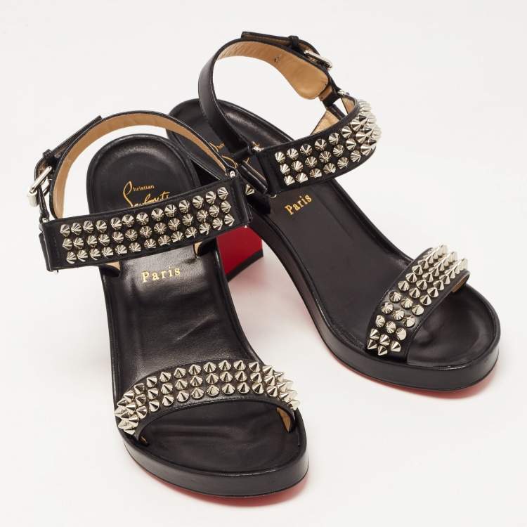 Pre Owned Christian Louboutin Black Leather Bikool Spike Sandals Size 38