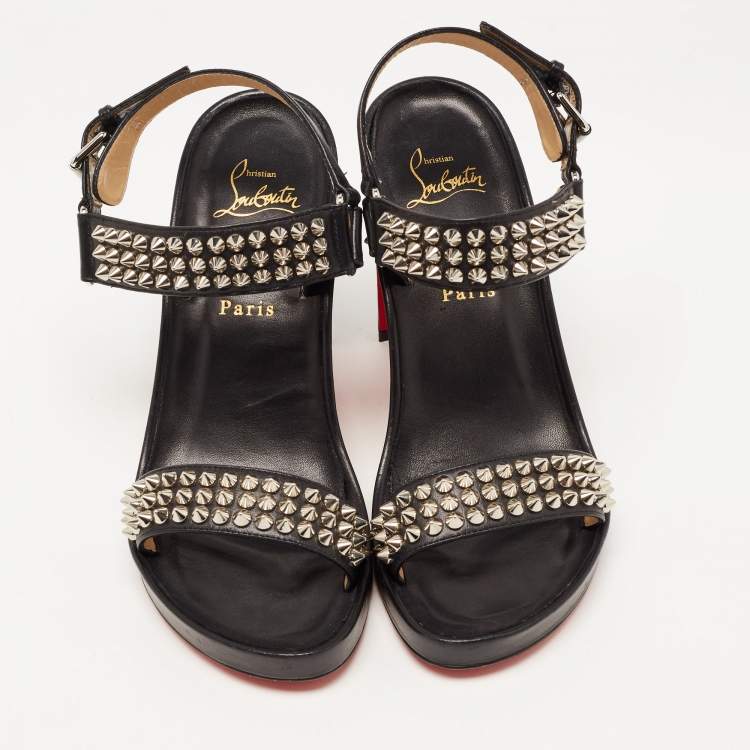 Pre Owned Christian Louboutin Black Leather Bikool Spike Sandals Size 38