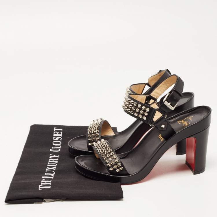Pre Owned Christian Louboutin Black Leather Bikool Spike Sandals Size 38