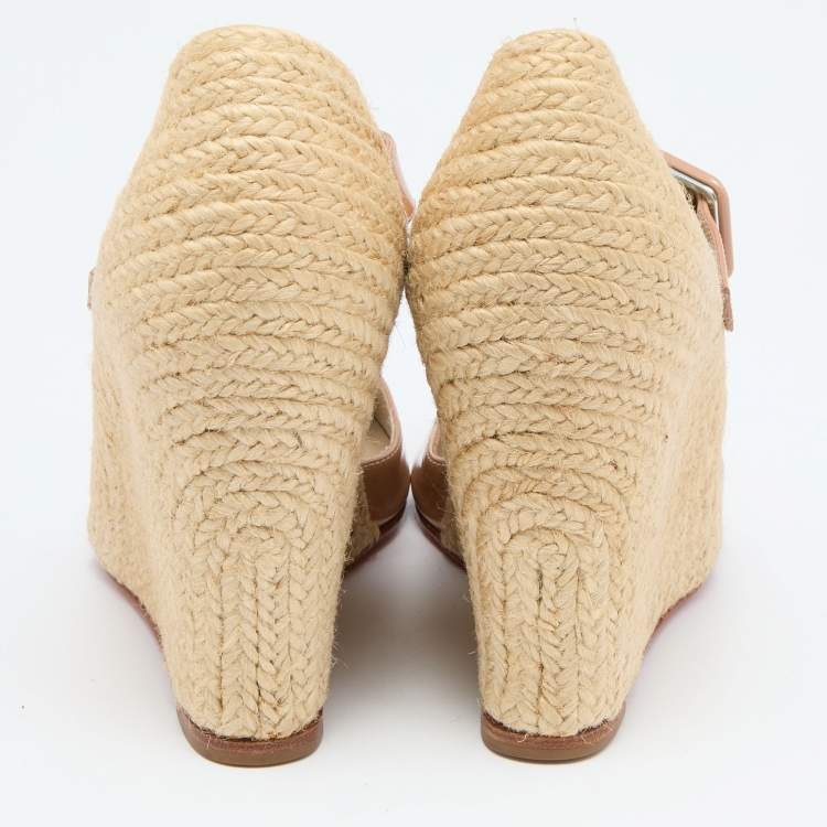 Pre Owned Christian Louboutin Beige Patent Leather Cordocou Espadrille Pumps Size 38