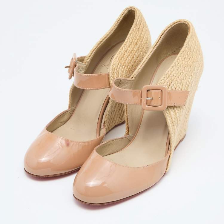 Pre Owned Christian Louboutin Beige Patent Leather Cordocou Espadrille Pumps Size 38