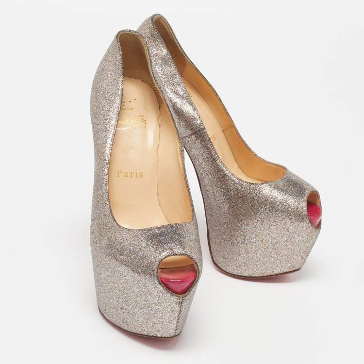 Pre Owned Christian Louboutin Metallic/Pink Glitter Leather Highness Pumps Size 36.5