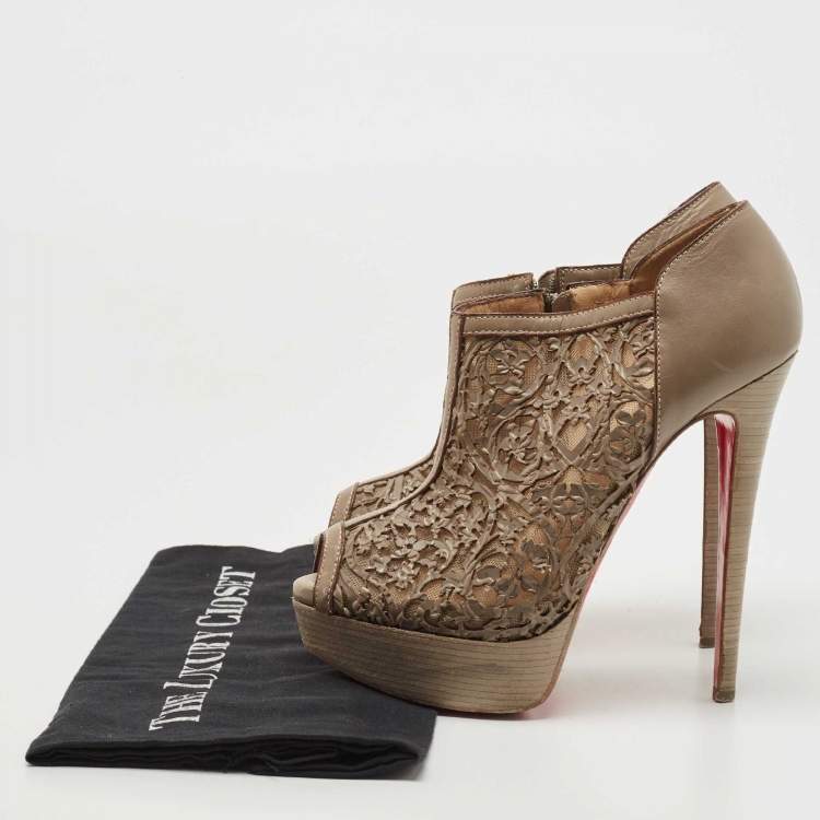 Pre Owned Christian Louboutin Brown Laser-Cut Leather Pampas 150 Peep Toe Ankle Boots Size 36.5
