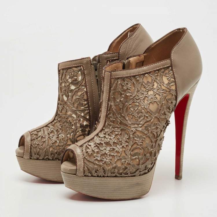 Pre Owned Christian Louboutin Brown Laser-Cut Leather Pampas 150 Peep Toe Ankle Boots Size 36.5